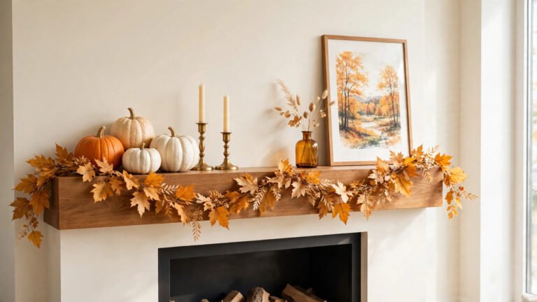 Wide cozy fall mantel scene in bright daylight with a draped amber-leaf garland, mixed pumpkins, brass candlesticks and framed art on a warm wooden fireplace mantel.