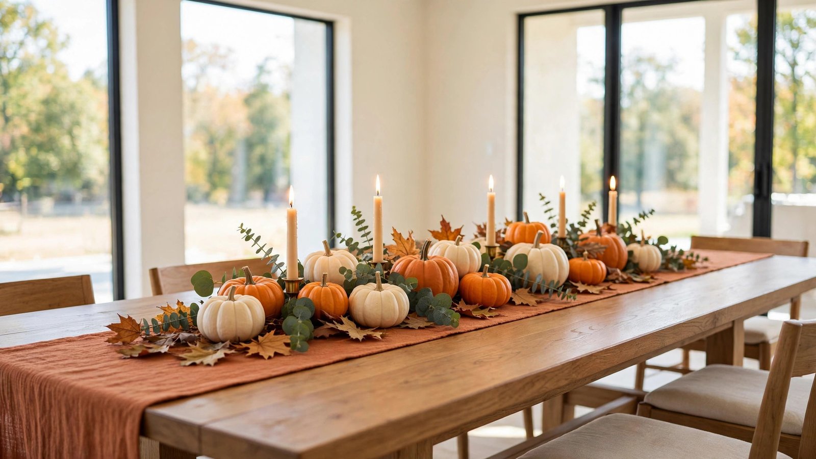 A long farmhouse dining table styled with a fall centerpiece runner of pumpkins, eucalyptus, dried leaves, and glowing candles in bright daylight.