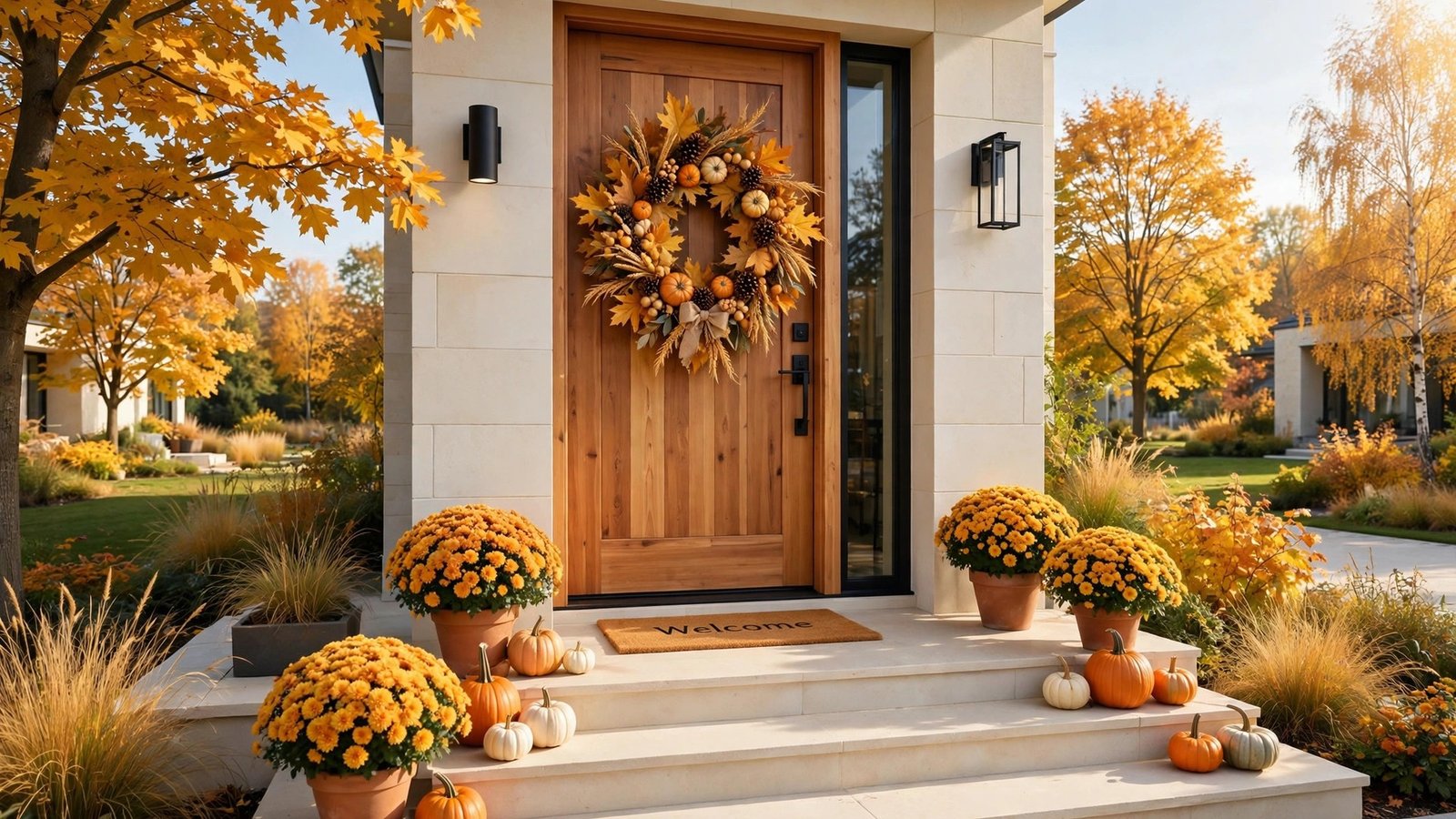 A lush autumn wreath of amber leaves, pinecones and mini pumpkins on a warm wooden front door in golden fall light.