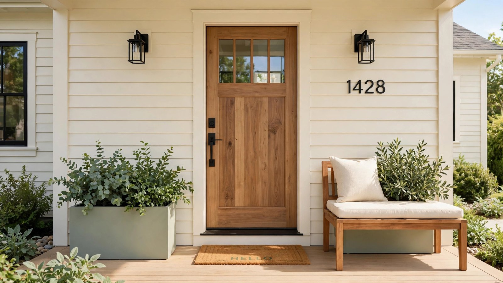 Stylish front porch entrance with elegant modern flooring, a welcoming front door, and tidy planters in bright daylight.