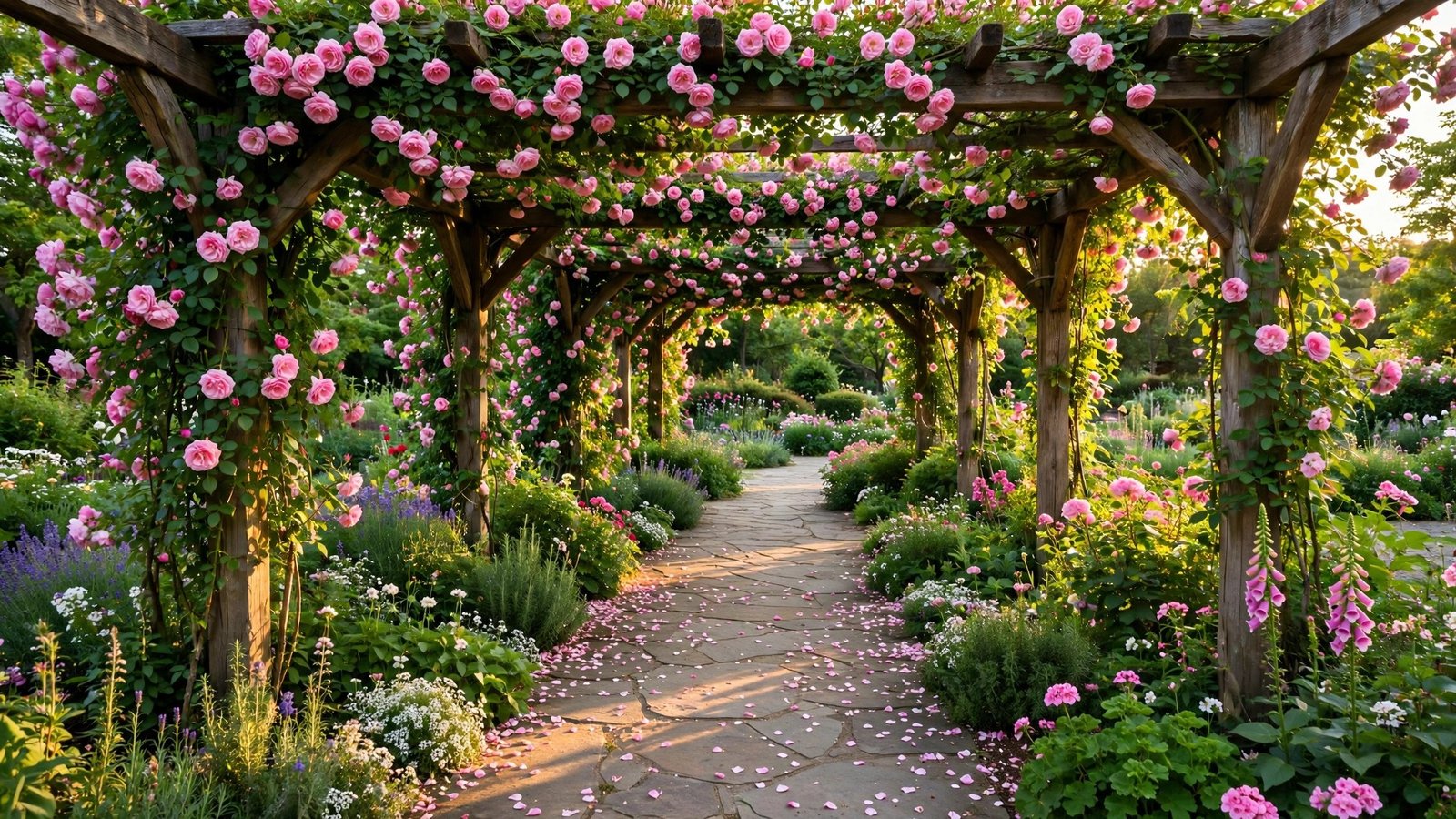 Beautiful garden walkway with a rose-covered arbor arch at golden hour