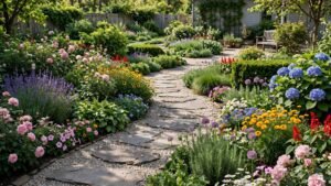 Wide garden view with a winding stone and gravel pathway leading through lush flower beds in bright daylight