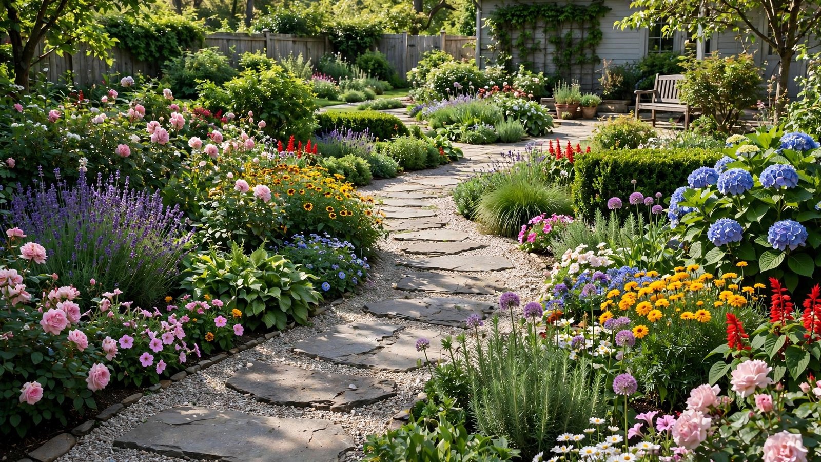 Wide garden view with a winding stone and gravel pathway leading through lush flower beds in bright daylight