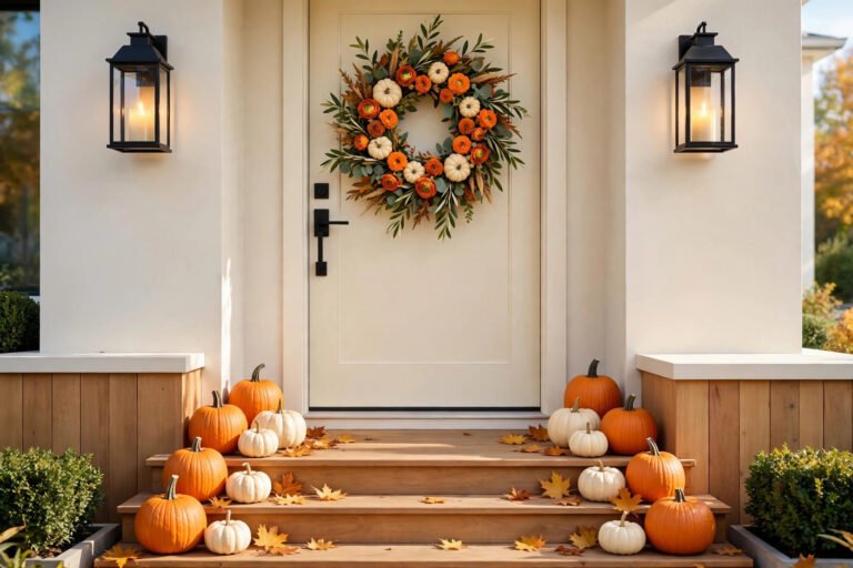 Front porch decorated for Halloween with pumpkins, ghost wreath and lanterns in bright daylight