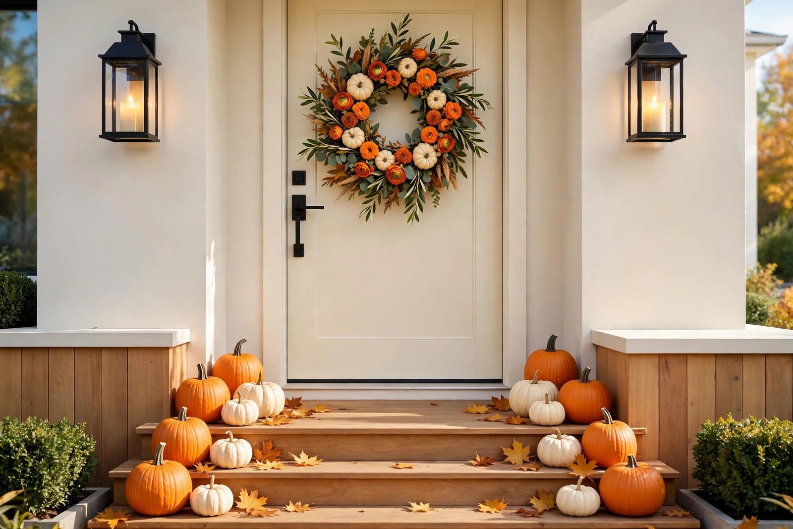 Front porch decorated for Halloween with pumpkins, ghost wreath and lanterns in bright daylight