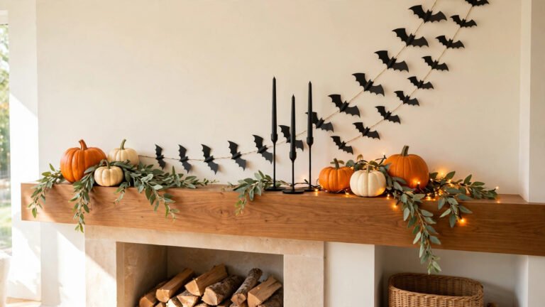 Styled fireplace mantel with orange pumpkins, black candles and paper bats in bright daylight