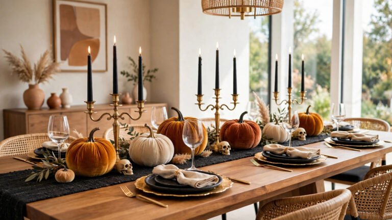 Elegant Halloween dinner table in bright daylight with black taper candles, velvet pumpkins in warm autumn shades, and skull accents on a dark runner