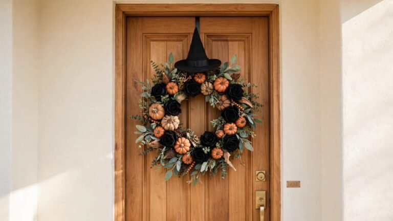Elegant Halloween wreath with black roses, mini pumpkins, and a small witch hat on a warm wooden front door in bright daylight