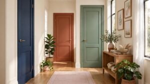 Beautiful home interior hallway showcasing colorful painted doors with interior door color ideas in navy, sage, and terracotta tones