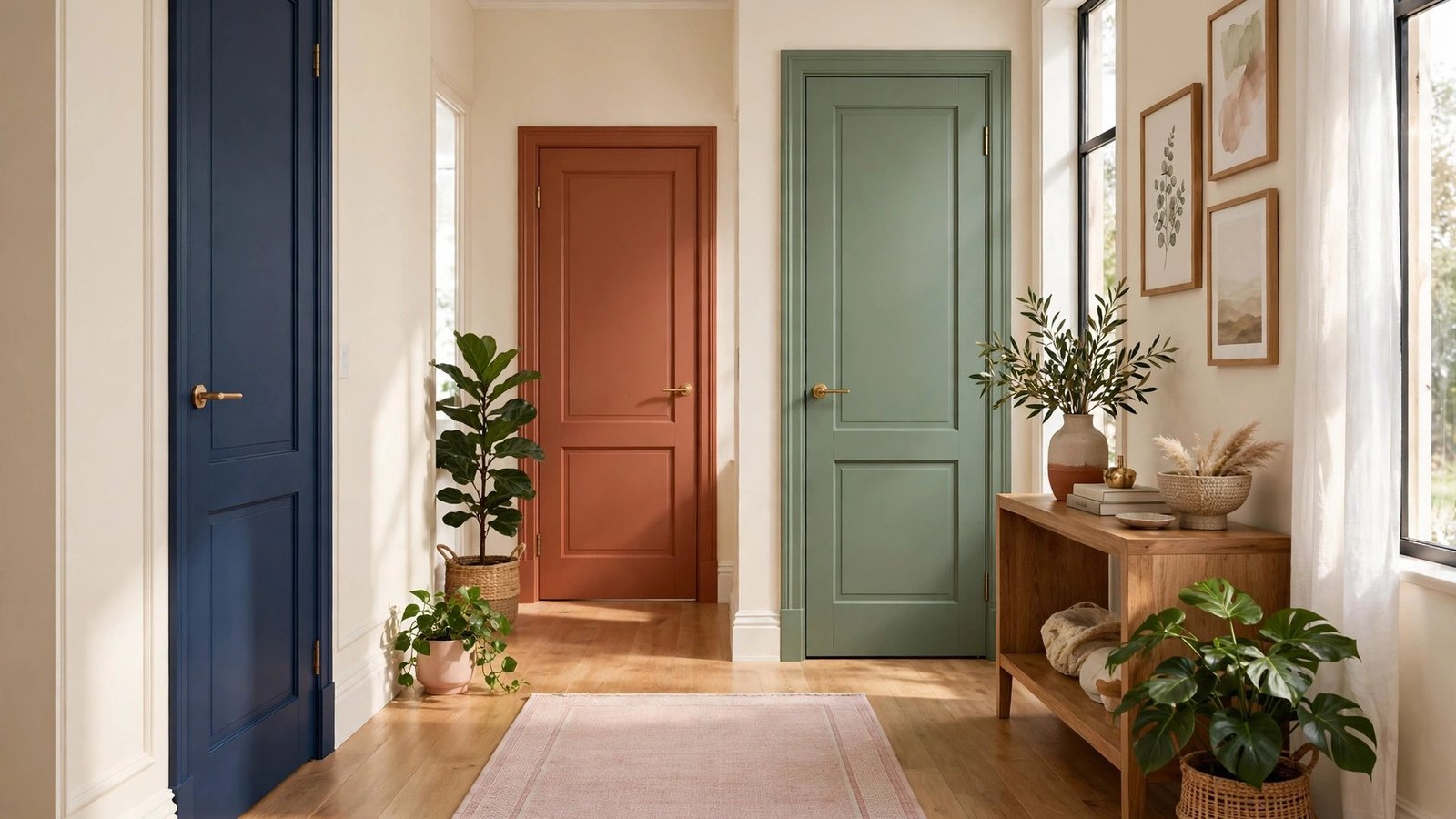 Beautiful home interior hallway showcasing colorful painted doors with interior door color ideas in navy, sage, and terracotta tones