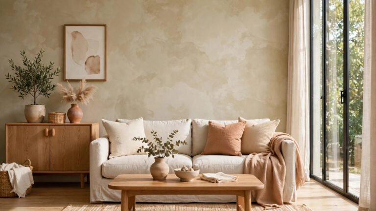 Soft textured limewash wall in a calm neutral living room bathed in natural daylight