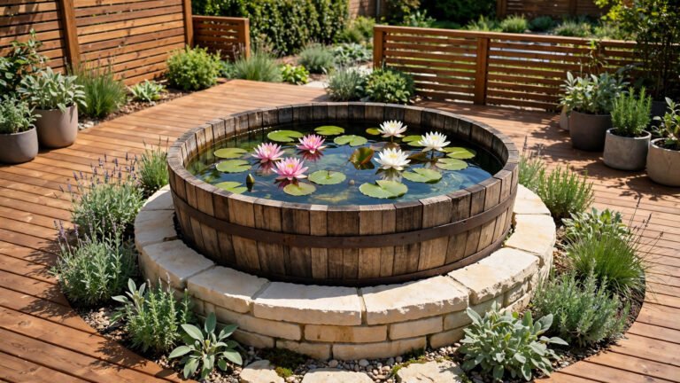 A whiskey barrel mini pond filled with water lilies in a sunny small backyard.