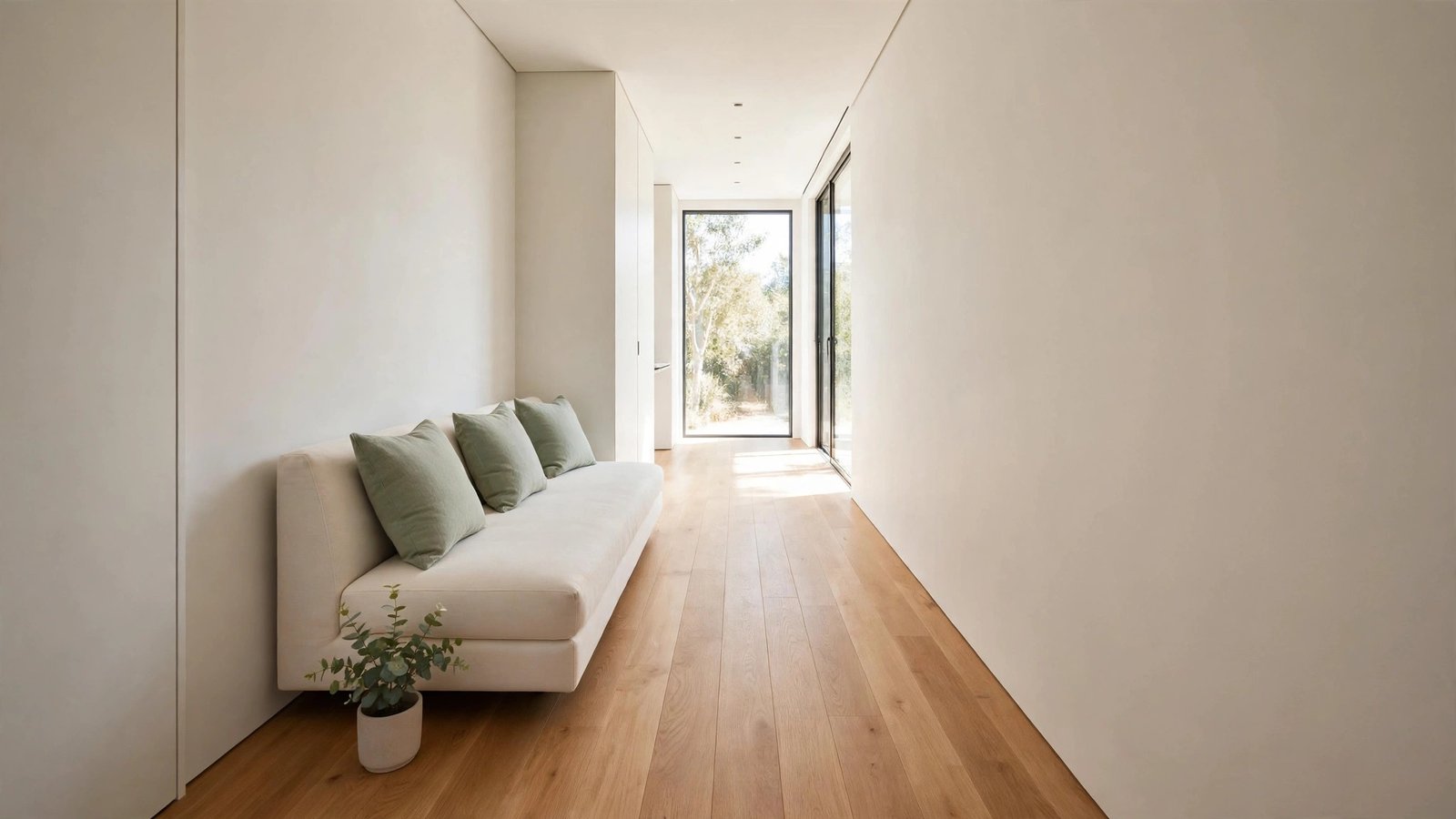 Narrow living room layout ideas showing a bright long living room with a slim sofa along one wall, light neutral colors, and one clear walkway down the room