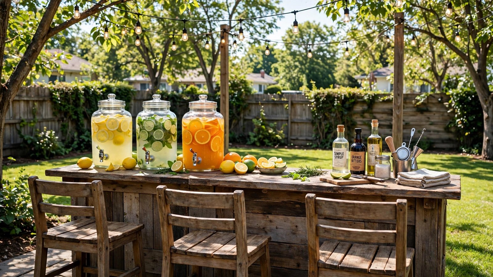 Rustic outdoor bar setup in a backyard at golden hour with drinks and string lights