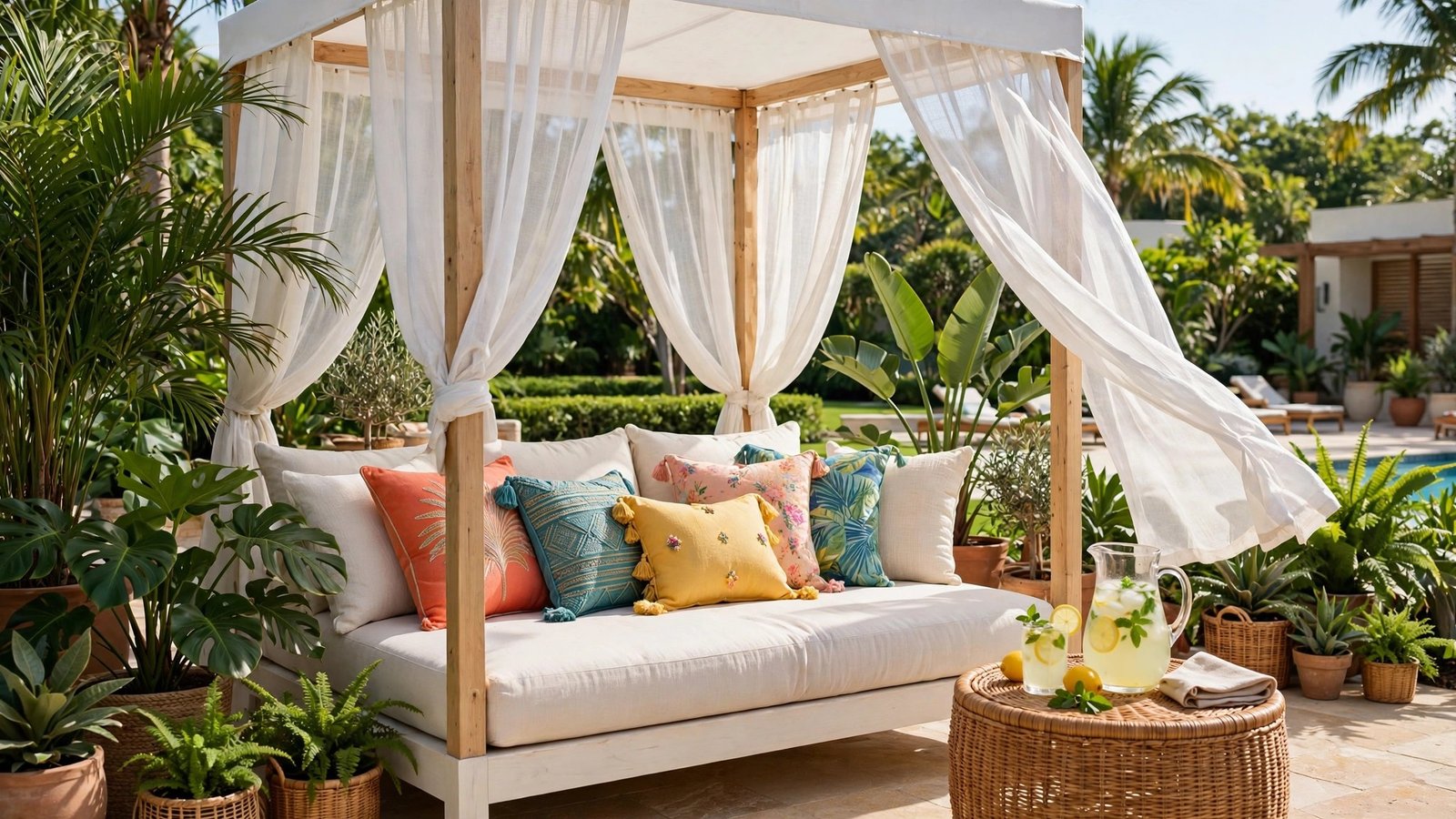 Luxury outdoor daybed with white canopy curtains in a resort style backyard
