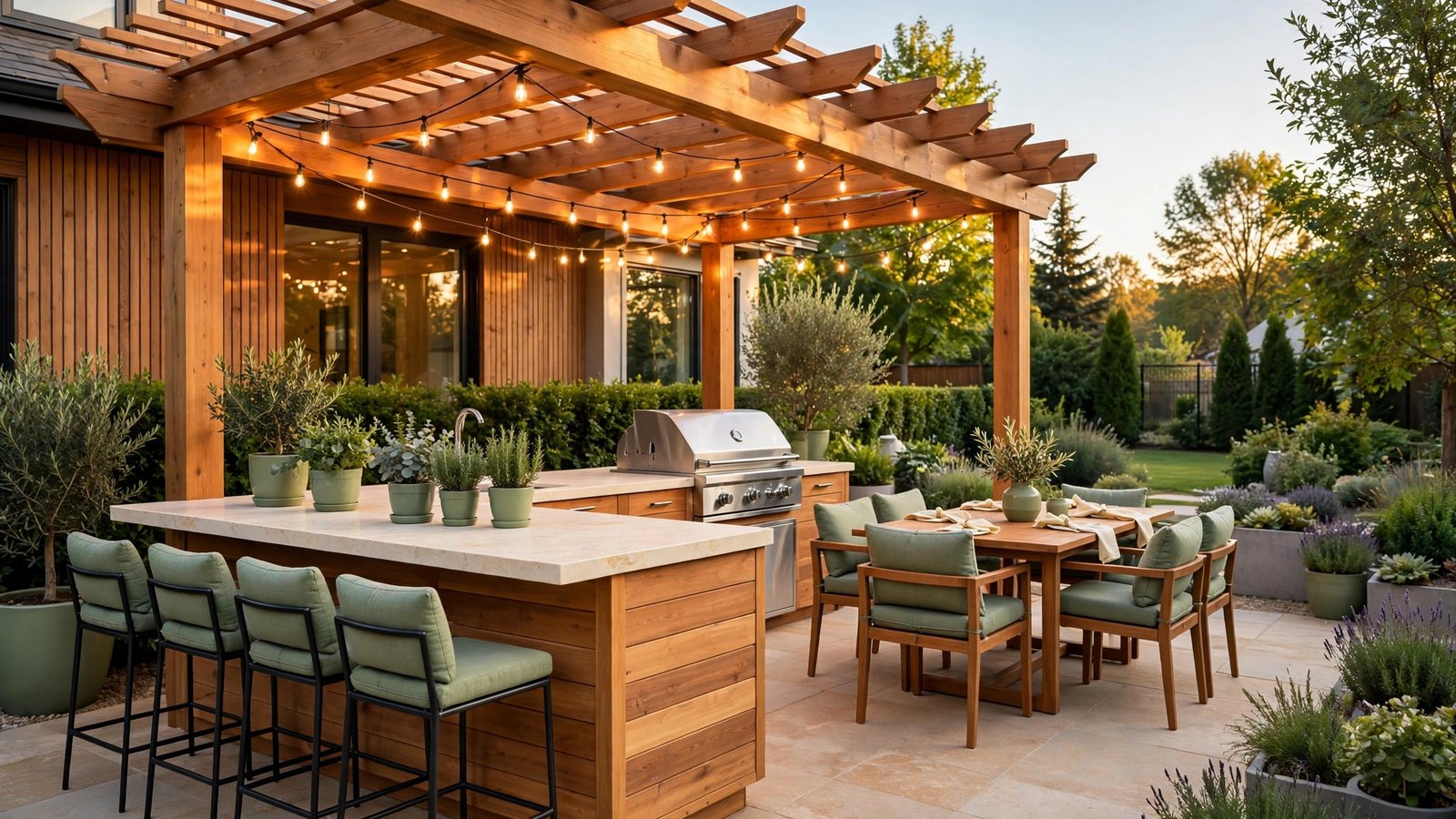 Backyard outdoor kitchen with a wood island, a pergola with string lights, and a dining area in warm evening light.
