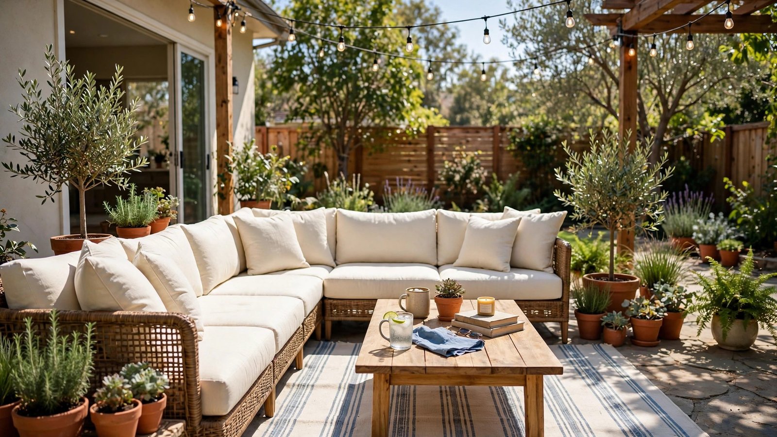 Beautiful outdoor lounge area with sectional sofa and string lights in a sunny backyard