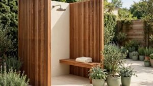 Outdoor shower with a warm teak enclosure, cream tile, and sage green plants in bright natural daylight.