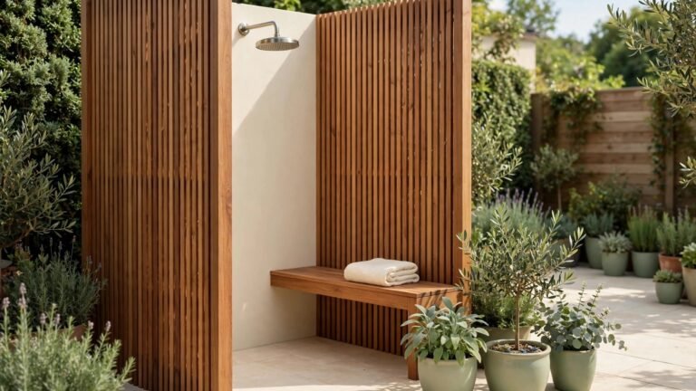 Outdoor shower with a warm teak enclosure, cream tile, and sage green plants in bright natural daylight.