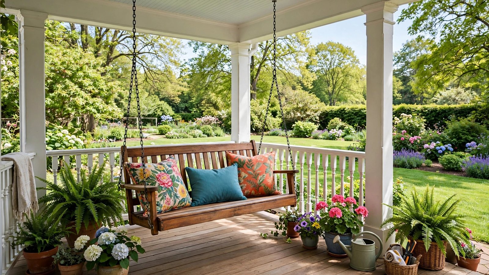Wooden porch swing with cushions hanging on a sunny porch
