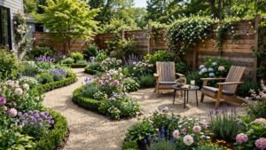 Backyard garden with winding pea gravel paths and a cozy gravel seating area among lush flower beds in daylight