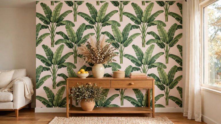 Peel and stick wallpaper ideas showing a living room feature wall with tropical banana leaf wallpaper and a wooden console