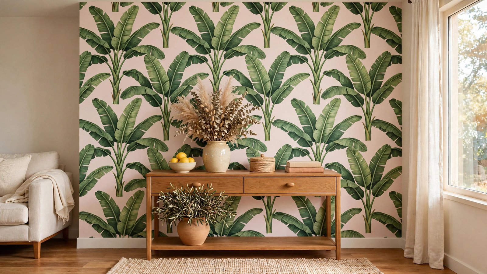 Peel and stick wallpaper ideas showing a living room feature wall with tropical banana leaf wallpaper and a wooden console