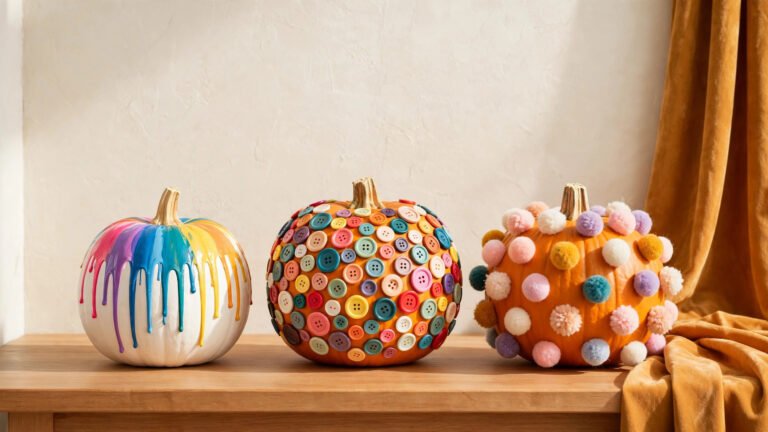 White pumpkins decorated without carving in colorful painted, glitter, and craft designs arranged on a warm wooden table in bright daylight.