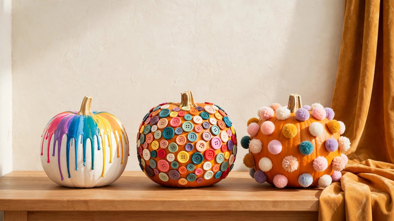 White pumpkins decorated without carving in colorful painted, glitter, and craft designs arranged on a warm wooden table in bright daylight.