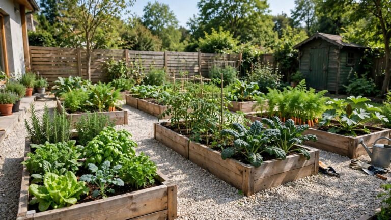 Backyard vegetable garden with neat rows of wooden raised beds and gravel paths in bright daylight