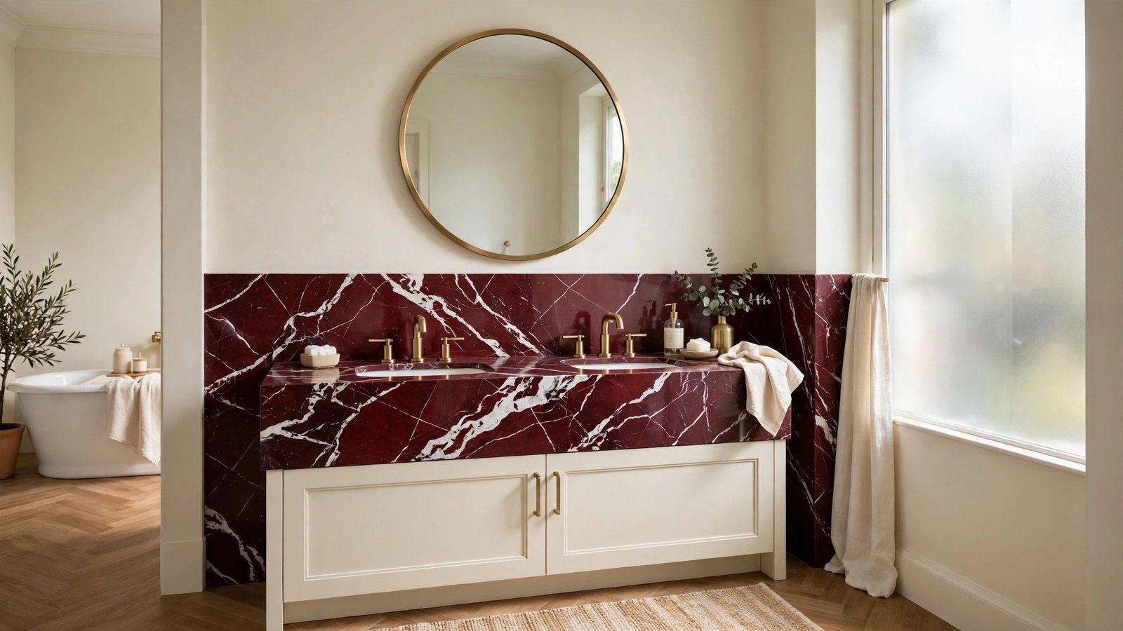 Red marble accent decor ideas for bathrooms with burgundy stone and brass fixtures