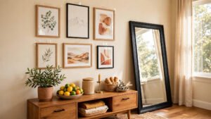 Rental friendly wall makeover ideas showing a living room gallery wall hung with adhesive strips and a leaning mirror in warm cream tones