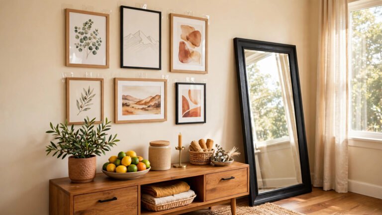 Rental friendly wall makeover ideas showing a living room gallery wall hung with adhesive strips and a leaning mirror in warm cream tones