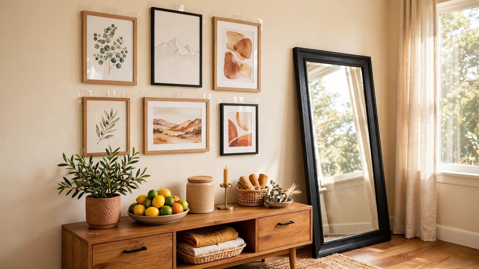 Rental friendly wall makeover ideas showing a living room gallery wall hung with adhesive strips and a leaning mirror in warm cream tones