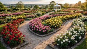 Beautiful rose garden landscape with colorful blooms at golden hour