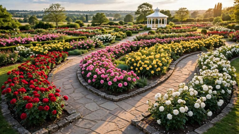 Beautiful rose garden landscape with colorful blooms at golden hour