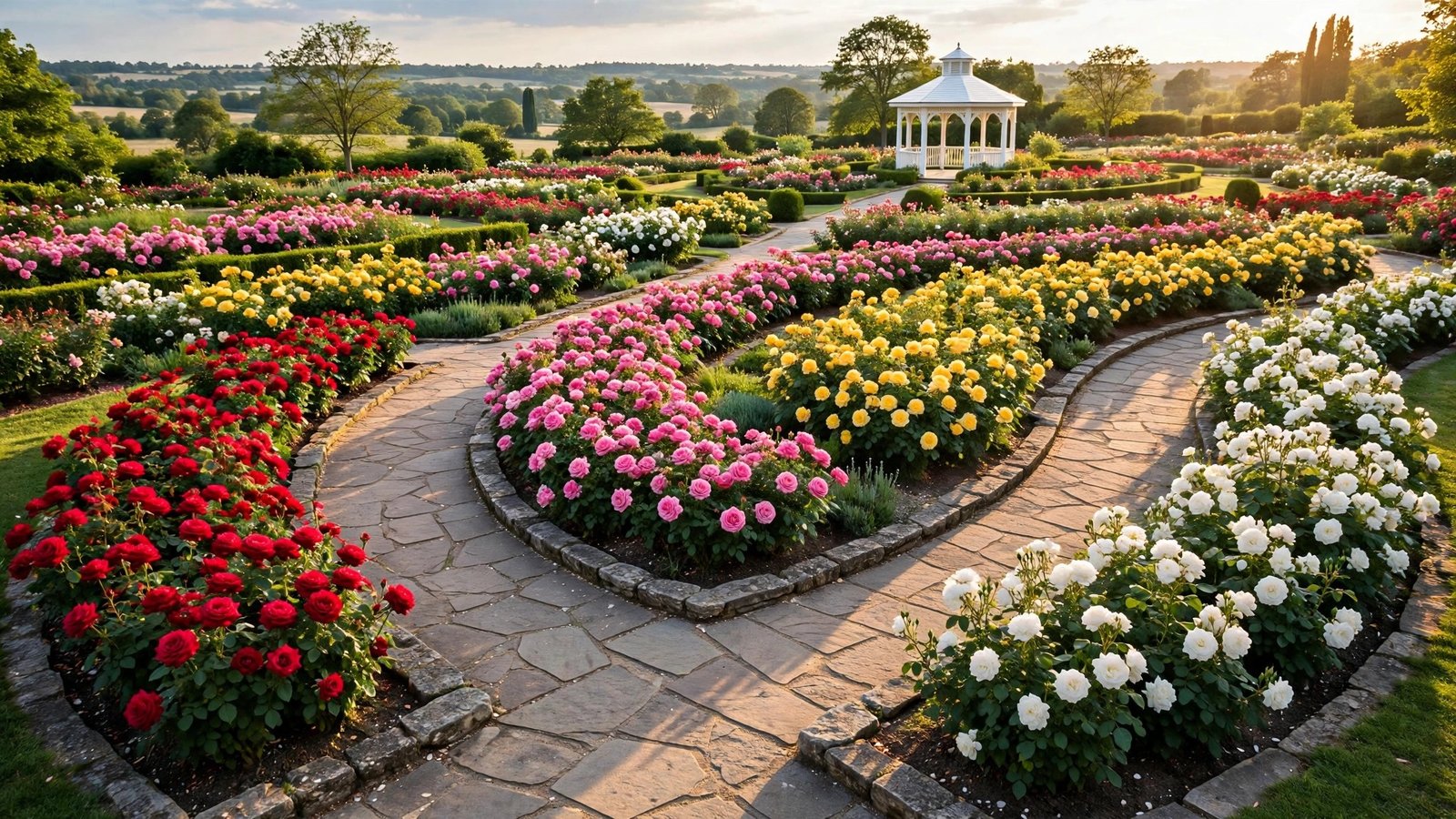 Beautiful rose garden landscape with colorful blooms at golden hour