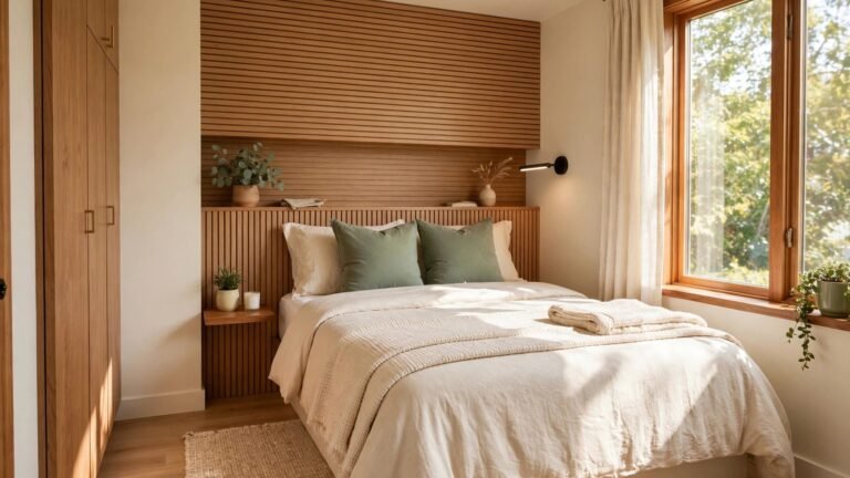 Small bedroom layout with a queen bed showing smart space saving placement, light colors, and cozy styling in a tiny bedroom