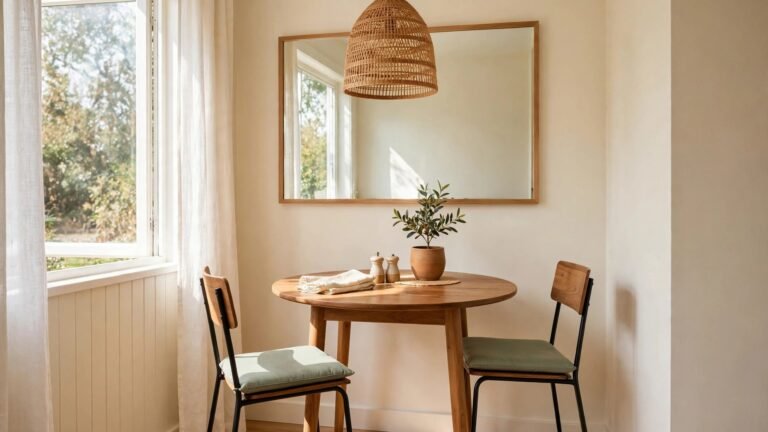 Small dining room layout ideas showing a cozy tiny dining nook with a round wooden table, two slim chairs, a pendant light above, and a large mirror on the wall
