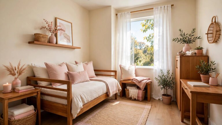 Small guest room layout ideas showing a cozy spare room with a daybed, warm wood furniture, soft neutral bedding, and a bright window with sheer curtains