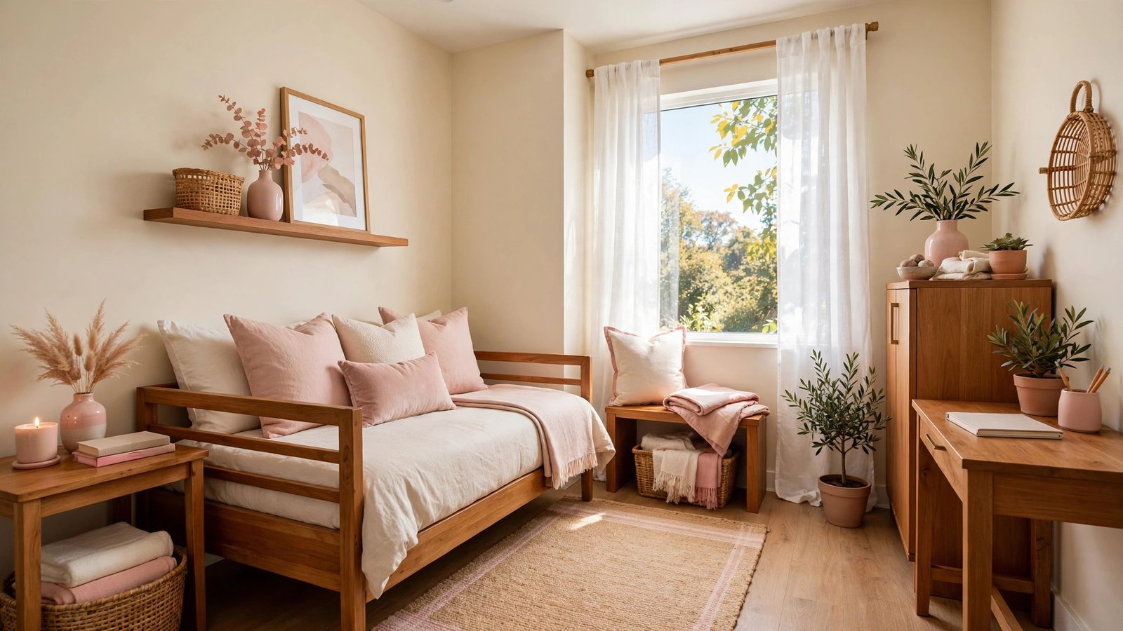 Small guest room layout ideas showing a cozy spare room with a daybed, warm wood furniture, soft neutral bedding, and a bright window with sheer curtains