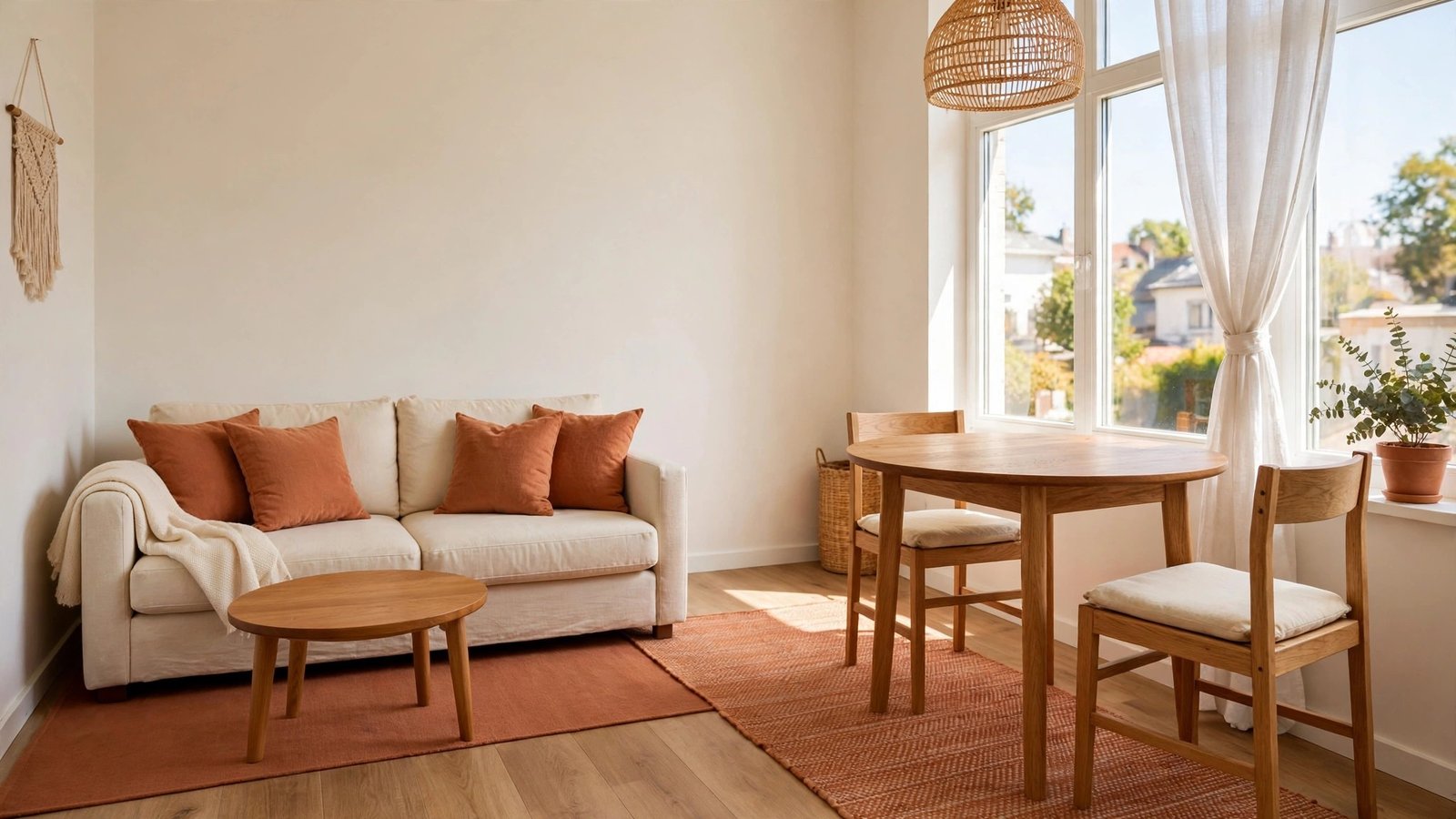 Small living dining combo layout in an open studio, a compact sofa defining the living zone and a round dining table by the window