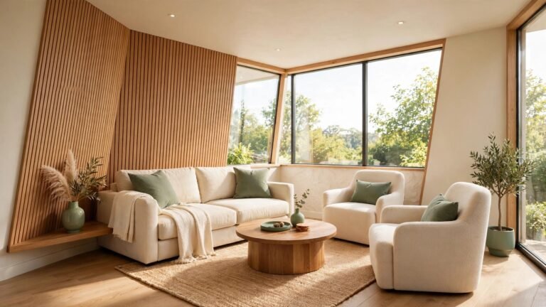 Small living room layout ideas showing a cozy awkward shaped living room with a sofa, two chairs, and a round coffee table arranged in a smart open layout