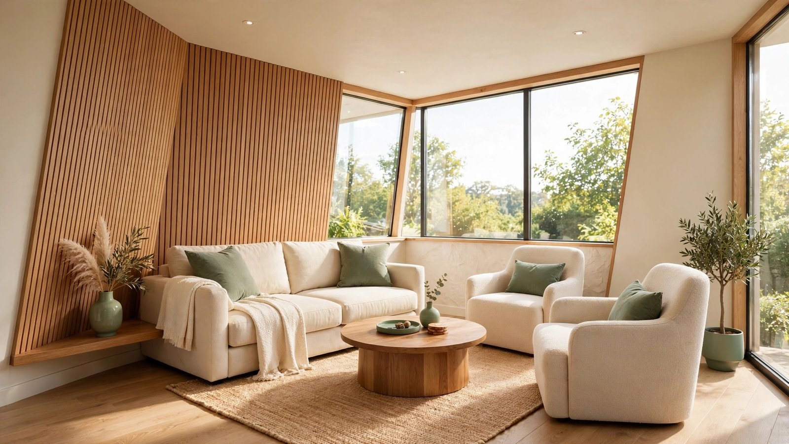 Small living room layout ideas showing a cozy awkward shaped living room with a sofa, two chairs, and a round coffee table arranged in a smart open layout