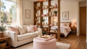 Small one bedroom apartment layout ideas showing a bright living room with a storage ottoman centerpiece, open shelving divider and warm layered lighting