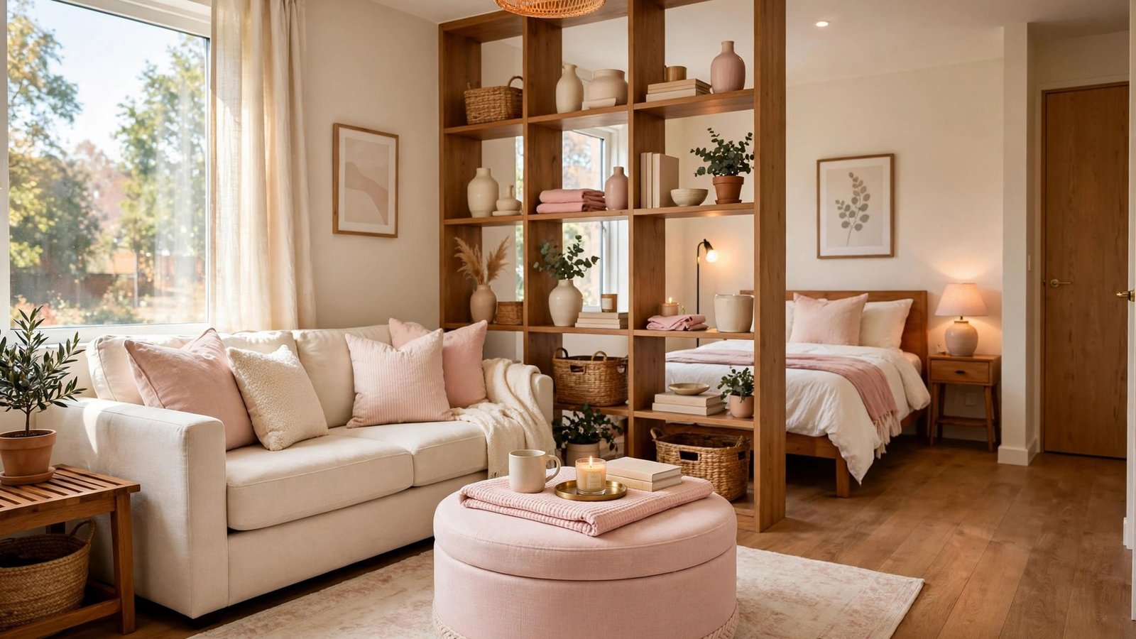 Small one bedroom apartment layout ideas showing a bright living room with a storage ottoman centerpiece, open shelving divider and warm layered lighting