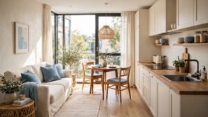 Small open plan living room layout ideas showing a compact bright room with a cozy seating zone, a small dining corner, and a connected kitchen in one open space