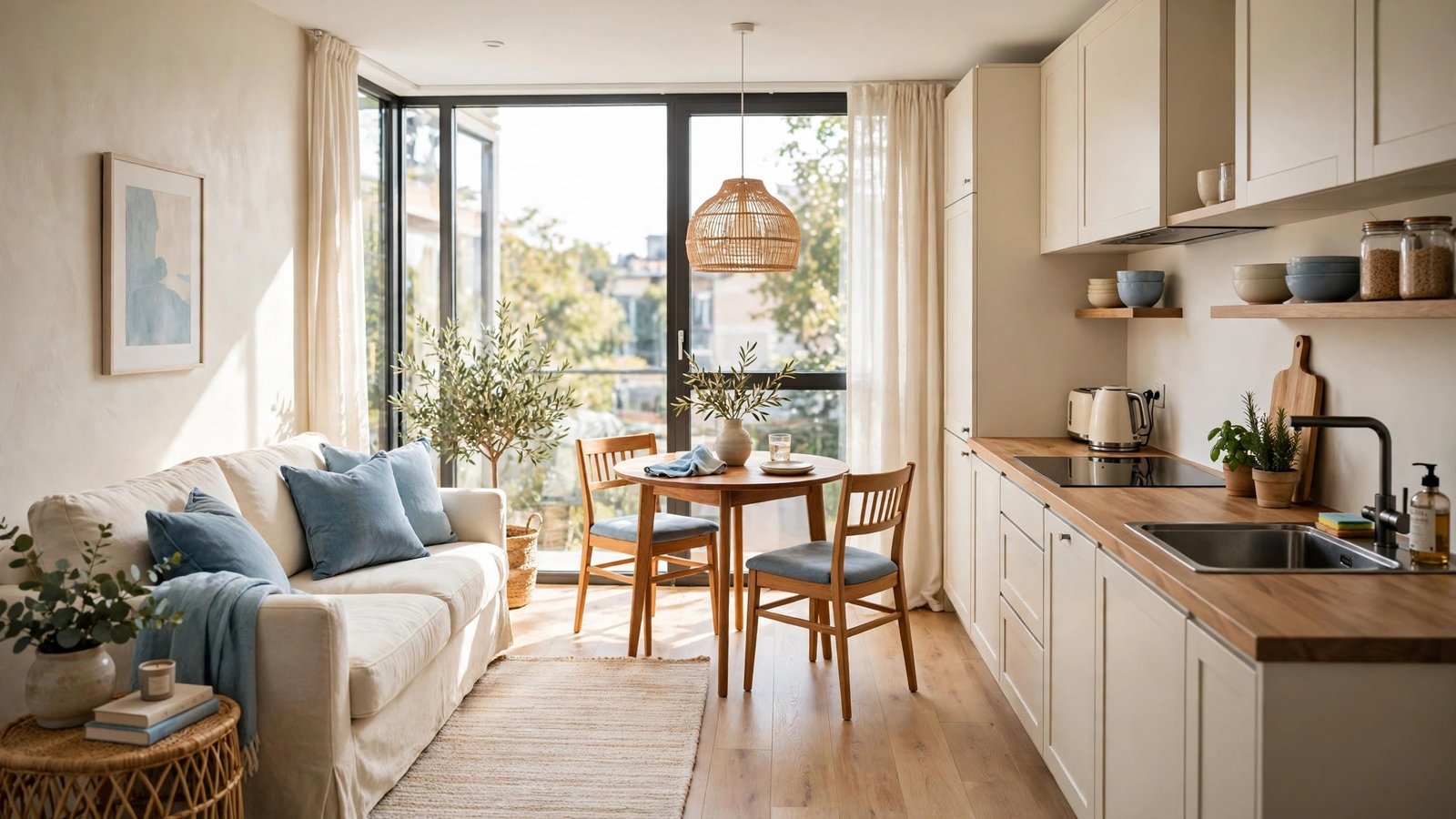 Small open plan living room layout ideas showing a compact bright room with a cozy seating zone, a small dining corner, and a connected kitchen in one open space
