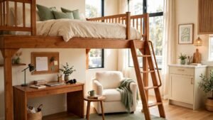 Loft bed layout ideas for a small studio apartment showing a raised bed with a cozy workspace and reading nook underneath that doubles the floor space