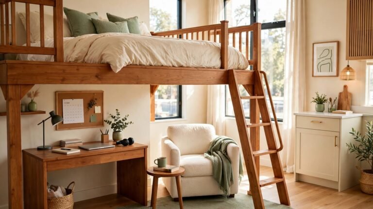 Loft bed layout ideas for a small studio apartment showing a raised bed with a cozy workspace and reading nook underneath that doubles the floor space